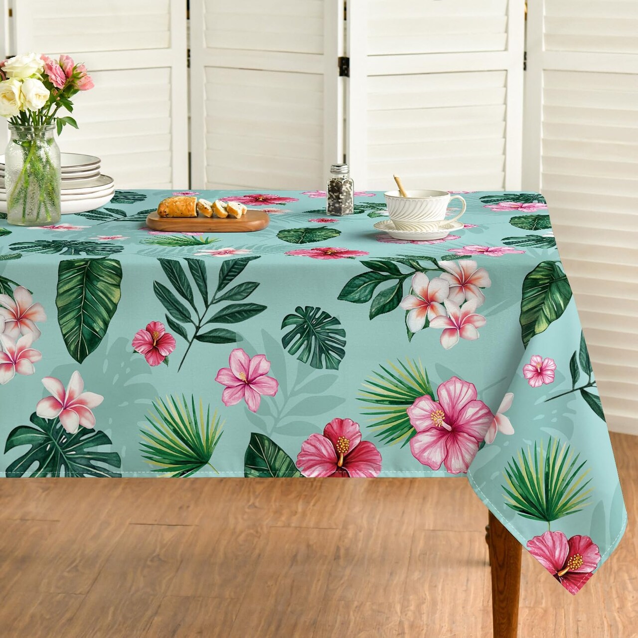 Summer Tablecloth 60×84 Inch Rectangle – Tropical Flower & Monstera Green Washable Table Cover for Parties, Picnics, and Seasonal Dinner Décor